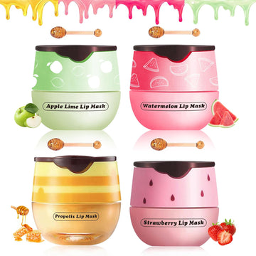 Bee Lip Balm Honey Pot, Honey, Strawberry, Watermelon, Apple Lime |Sleeping Lip Mask Overnight with Sticks, Exfoliating Prevention Dry and Crack Lip Scrub