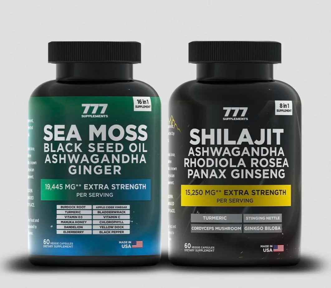 777 Shilajit & Sea Moss Capsules – Extra Strength 19,445mg & 15,250mg – Ashwagandha, Black Seed Oil, Ginseng, Ginger – 60 Veggie Capsules